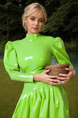 Women Latex Dress Green Gown Puffed Sleeves
