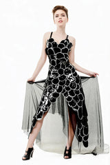Women Black Latex Dress with Petal Layers