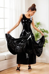 Women Black Latex Maxi Dress Gothic Style