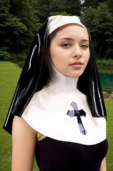 Women Latex Headdress Black Nun Habit Cross