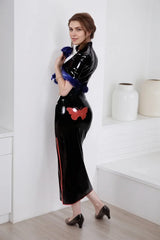 Women Black Latex Dress Butterfly Dynasty Cheongsam