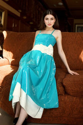 Women Blue Latex Maxi Dress Oversized Bow Detail