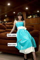 Women Blue Latex Maxi Dress Oversized Bow Detail