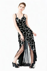 Women Black Latex Dress with Petal Layers