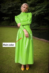 Women Latex Dress Green Gown Puffed Sleeves