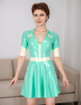 Women Jade Green Latex Nurse Dress V-neck