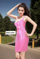 Women Pink Latex Dress Adjustable Straps Invisible Zipper