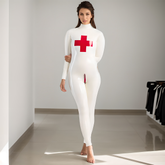 Women Latex Catsuit Nurse Crotch Zipper Cosplay