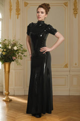 Women Black Latex Dress High Collar Puffy Sleeves