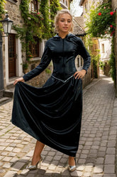 Women Latex Top and Skirts Set Black Hooded