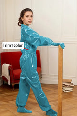 Women Latex Catsuits Ruffled Collar Blue