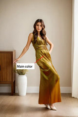 Women Latex Dress Gold Halter Gown