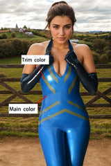 Women Latex Catsuits Deep V Halter Neck Zipperless