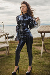 Women Black Latex Tops Bell Sleeves Retro