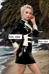 Women Black V Neck Latex Jackets Tops