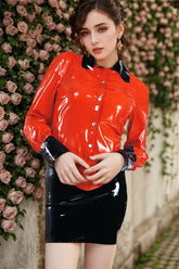 WomenS Red Latex Top Form Fitting Collared