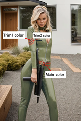 Women Latex Catsuits Deep V-Neck Star Badge Stripe