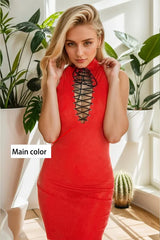 Women Red Latex Maxi Dress Side Slit