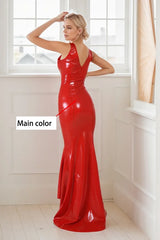 Women Latex Dress Red V Neck Gown