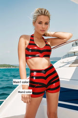 Women Latex Lingerie Set Striped Halter Neck