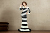 Women Latex Maxi Dress Black White Striped Mermaid