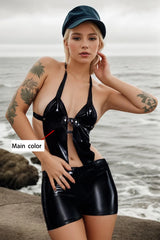 Women Black Latex Bodysuits Halter Neck Fetishwear
