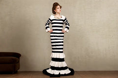 Women Latex Maxi Dress Black White Striped Mermaid