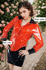 WomenS Red Latex Top Form Fitting Collared