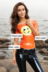 Women Orange Latex Tops Smiley Face Short Sleeves