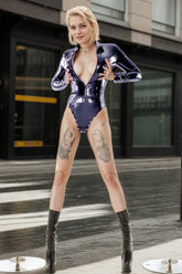 Women Latex Bodysuits Deep V Long Sleeved