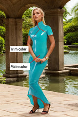 Women Latex Dress Green Qipao with Red Trim