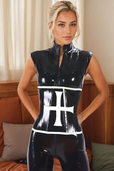 Women Latex Corsets Cross Square Byzantine Design Black