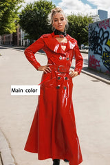 Women Long Latex Coats Red Double-Breasted