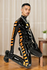 Men Latex Catsuits Biohazard High Neck Skull Logo