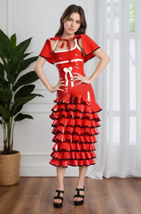 Women Latex Dress Scarlet Frill Waist Bow Ruffled