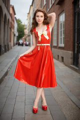 Women Red Latex Party Dress with White Trim