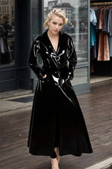 Women Latex Coats Belt Black V Neck