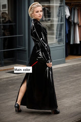 Women Latex Coats Belt Black V Neck