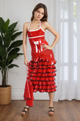 Women Latex Dress Scarlet Frill Waist Bow Ruffled