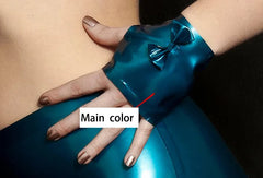 Women Latex Gloves Blue Fingerless Bow
