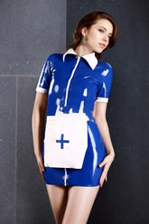 Women Latex Nurse Dress Blue Apron Lapel