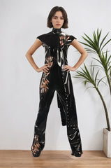 Women Black Latex Tops Martial Inspired Polo