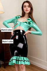 Women Latex Top and Skirts Two Piece Set