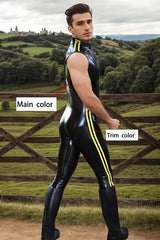 Man Latex Catsuits Sleeveless Codpiece Striped