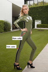Women Olive Green Latex Catsuits Uniformity
