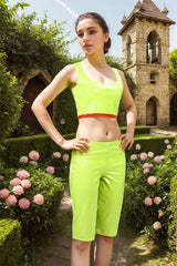 Women Green Latex Shorts Singlet Crop Top Set