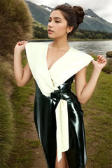 Women Black Latex Midi Dress Draped Shawl