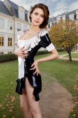 Women Latex Dress Deep Neckline Flared Slit?Maid