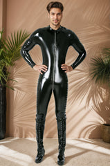 Men Latex Catsuits Zipper Ribbed Long Sleeves