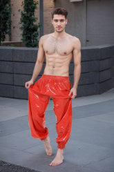 Men Red Latex Pants Sports Loose Fit Black Stripes